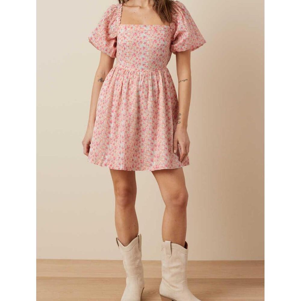 American Eagle Dress Pink Floral Babydoll Puff Sleeve CottageCore Medium